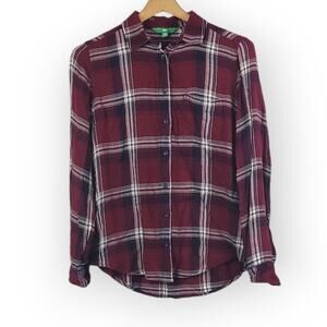 Dip Plaid Lightweight Flannel Button Up Long Sleeve Shirt Burgundy Women Size XS